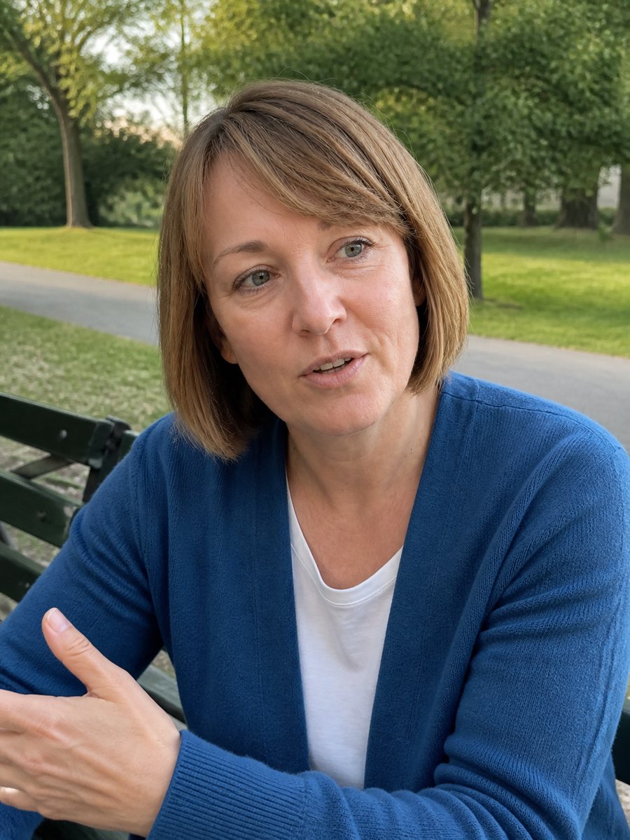 Tenley Ward en cardigan bleu sur un banc de parc